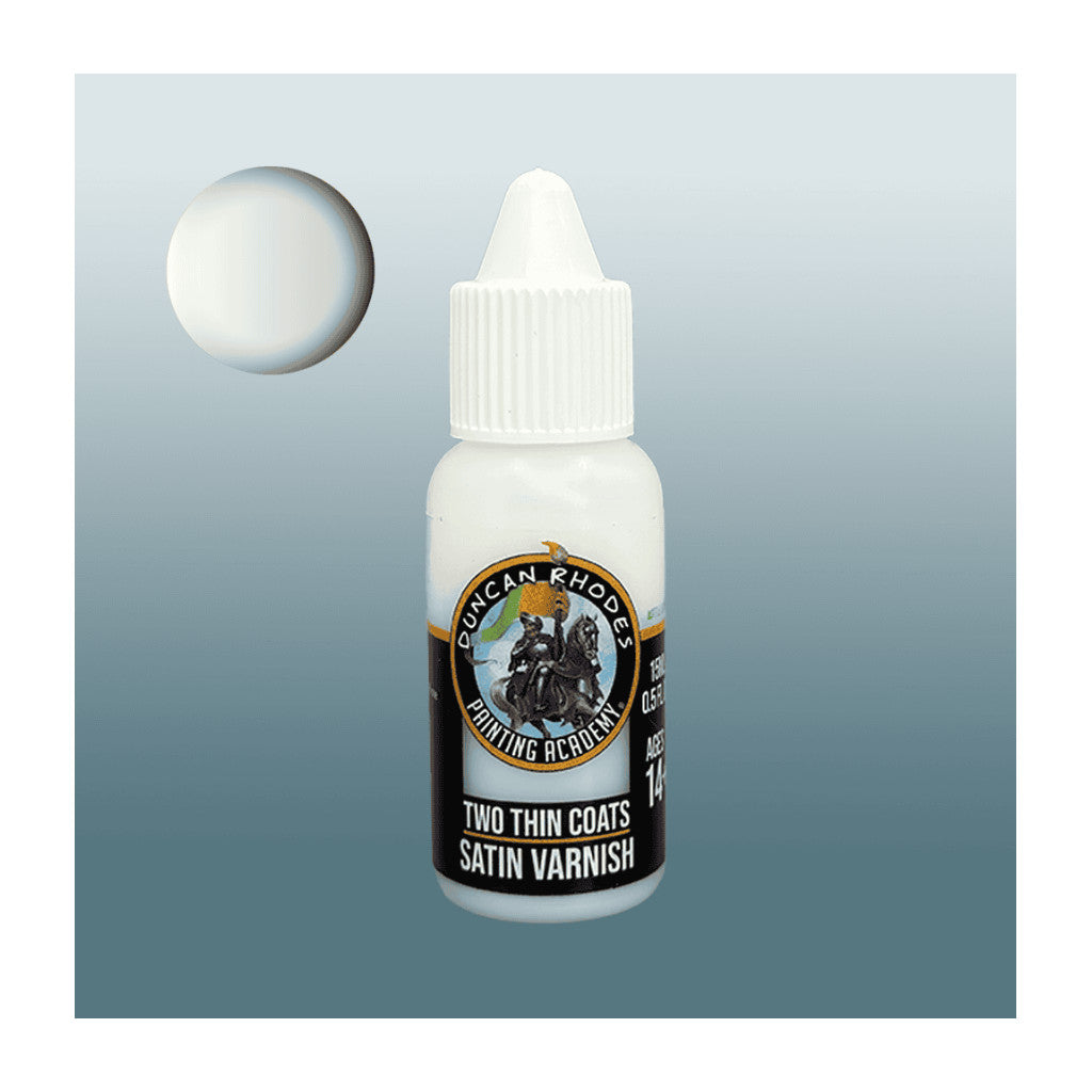 White dropper bottle of Duncan Rhodes Two Thin Coats Satin Varnish, with a white circle swatch showing the finish.