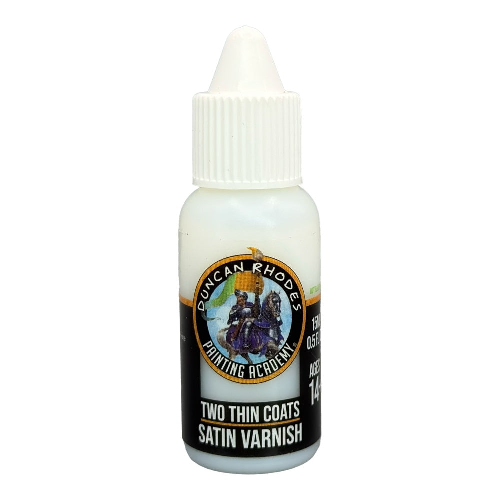 A white bottle of Duncan Rhodes Two Thin Coats Satin Varnish.