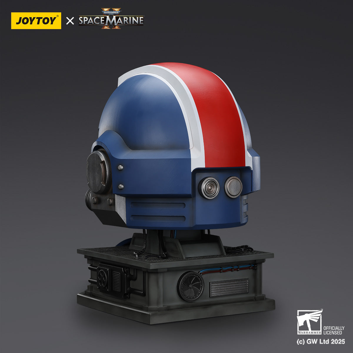 A Warhammer 40,000 Space Marine helmet bust, blue with a red and white stripe, on a mechanical stand