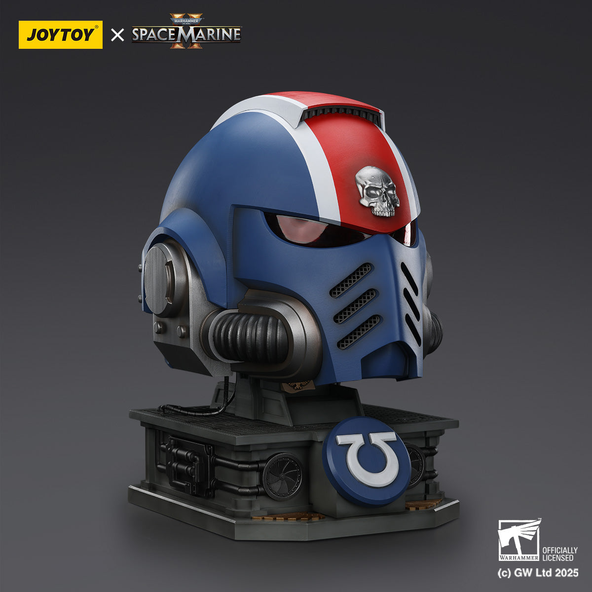 A detailed bust of an Ultramarines Space Marine helmet, blue with red/white stripes, a skull emblem, and an Omega symbol on the base