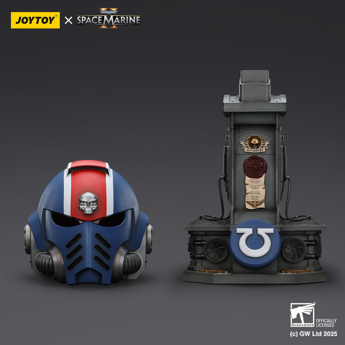 Warhammer 40K Ultramarines helmet, blue with red stripe and skull, displayed beside its gray stand featuring 'Astartes' and Omega symbol