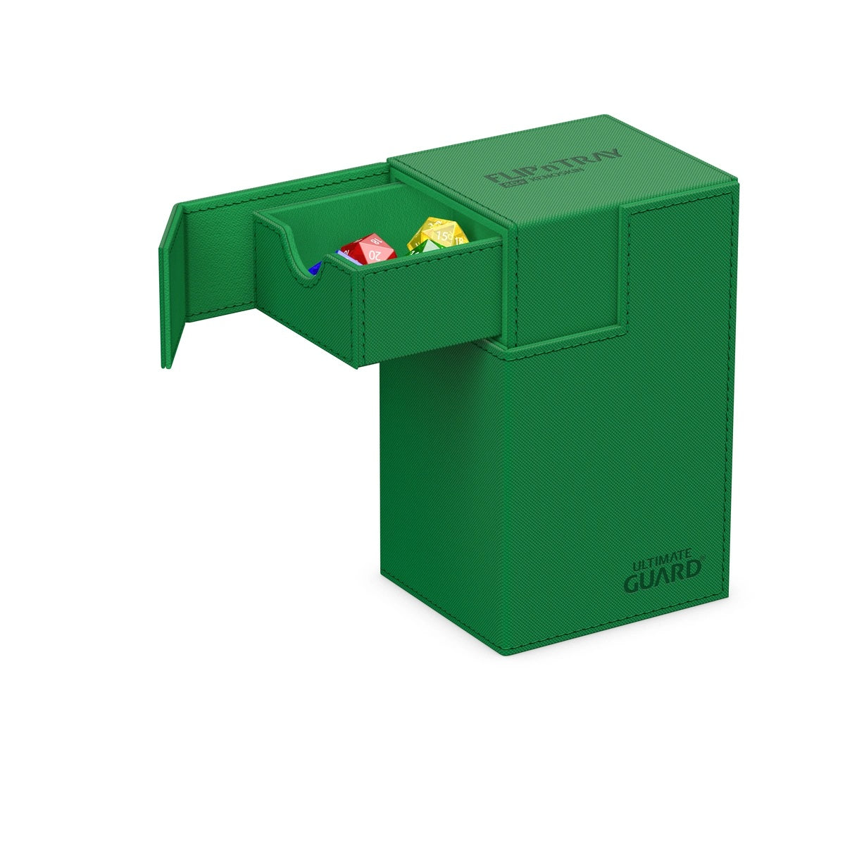 A green Ultimate Guard Flip Tray with an open dice drawer showing colourful polyhedral dice
