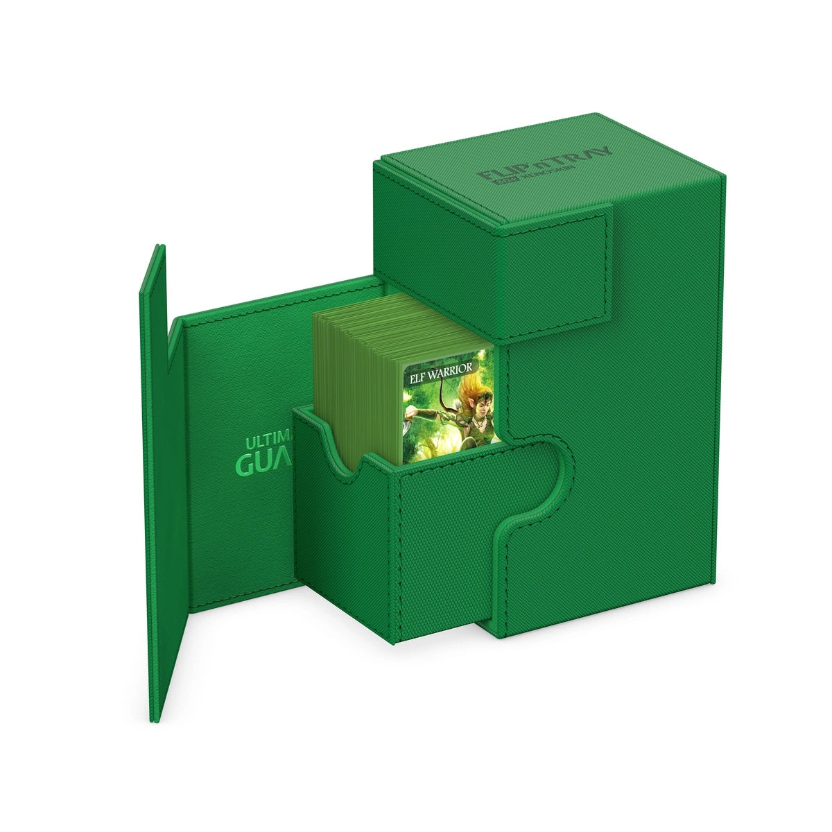 Green &quot;Flip&amp;Tray&quot; deck box open, revealing &quot;Elf Warrior&quot; trading cards inside