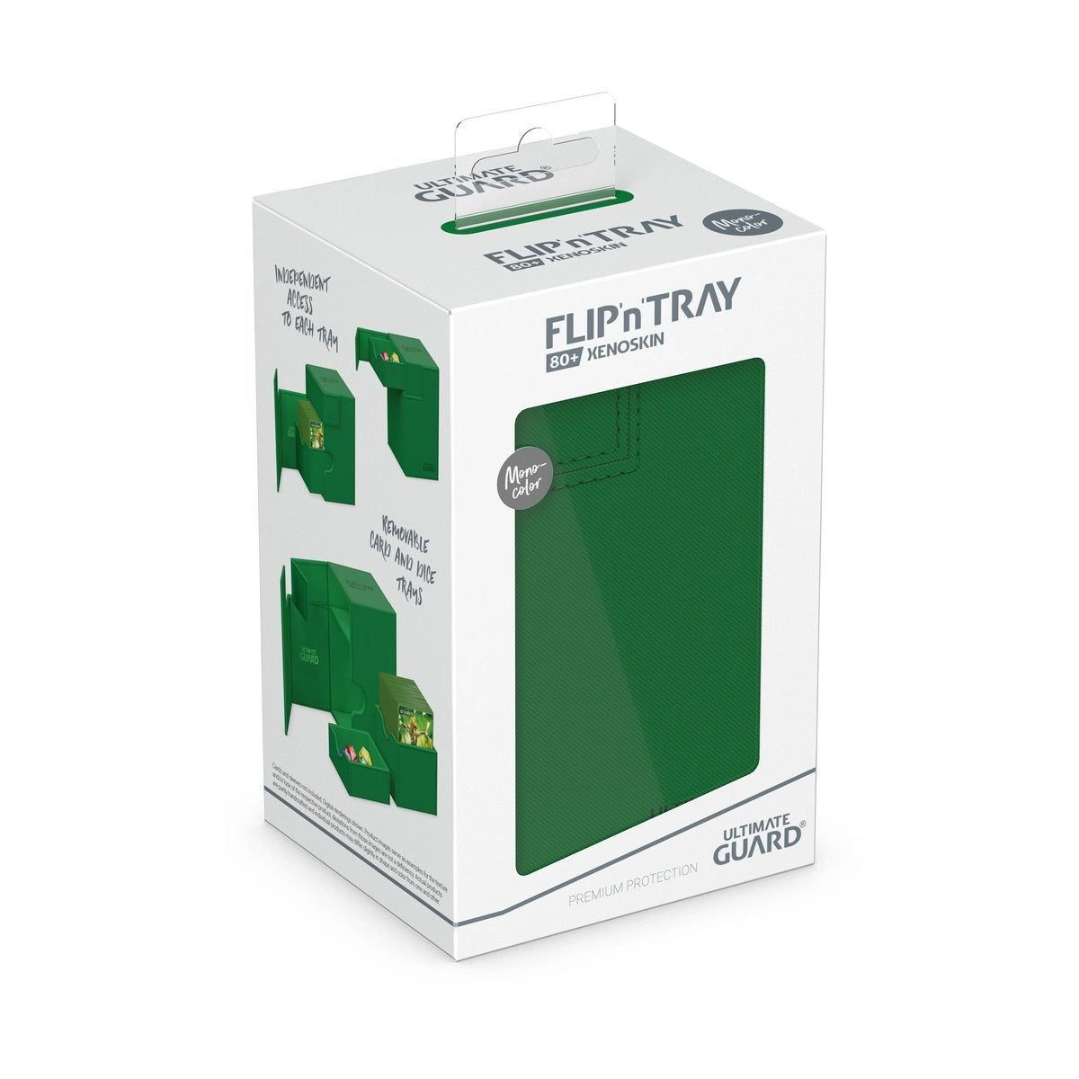 A white retail box for Ultimate Guard Flip 'n' Tray 80+ Xenoskin, a dark green card and dice storage case