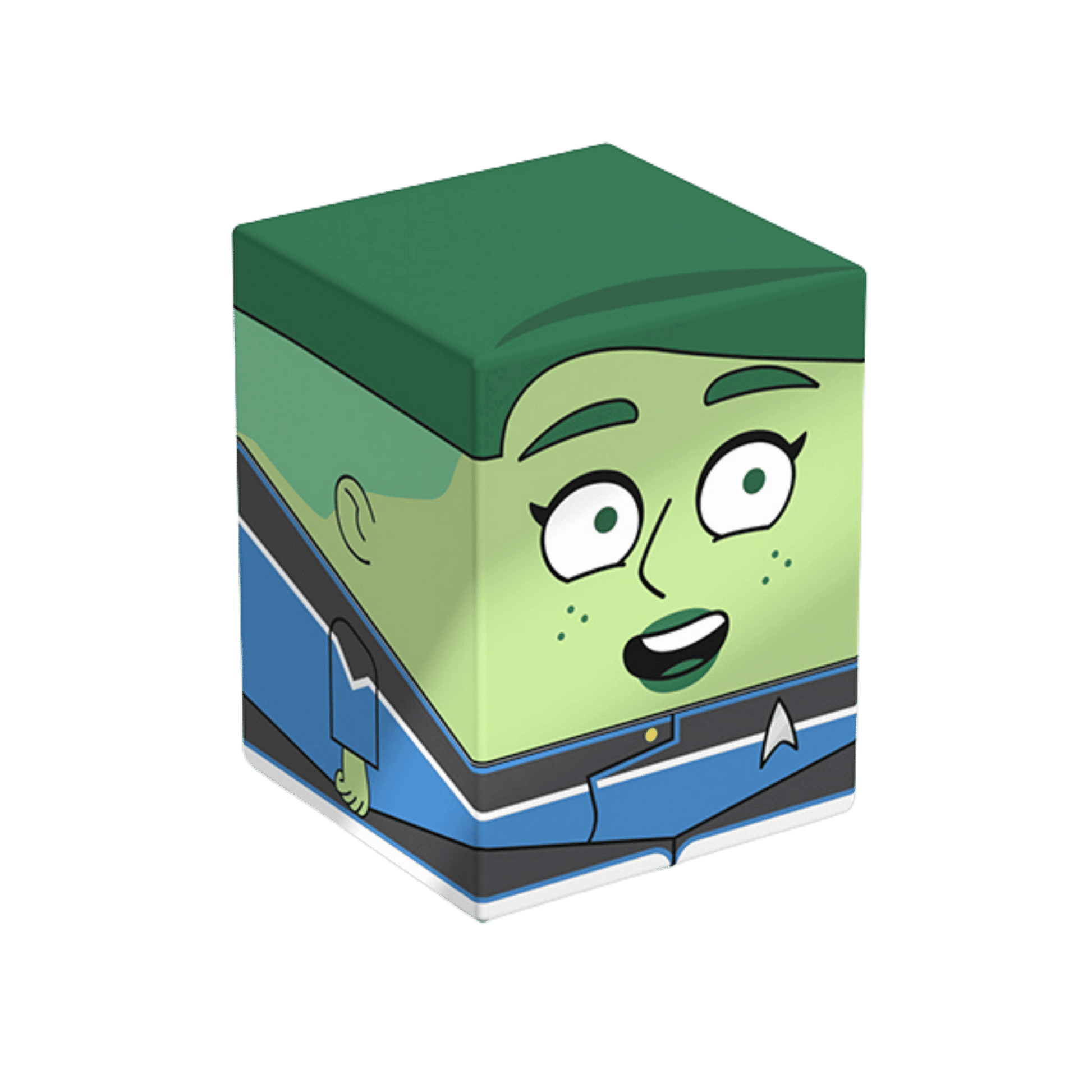Cube collectible toy of a cartoonish green alien woman in a blue Starfleet uniform