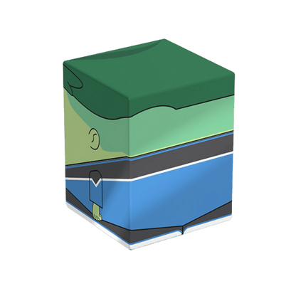 Box in cartoon art showing a green-skinned character in a blue suit and collar