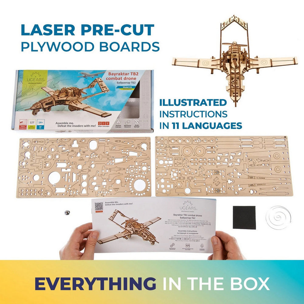 Ugears Bayraktar TB2 combat drone wooden model kit: assembled drone, box, laser-cut parts, instructions