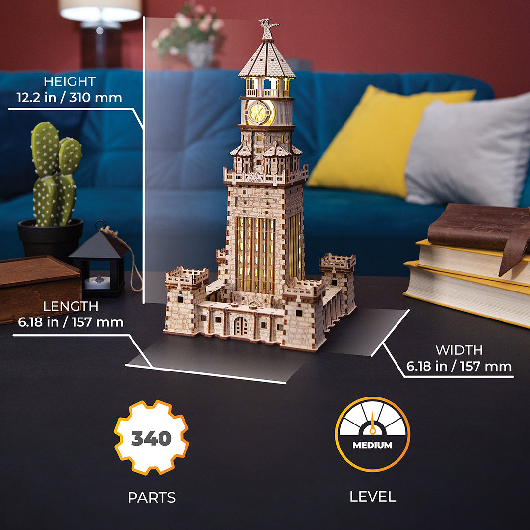 Illuminated ornate wooden tower model, displayed with its dimensions and assembly details (340 parts, medium difficulty)