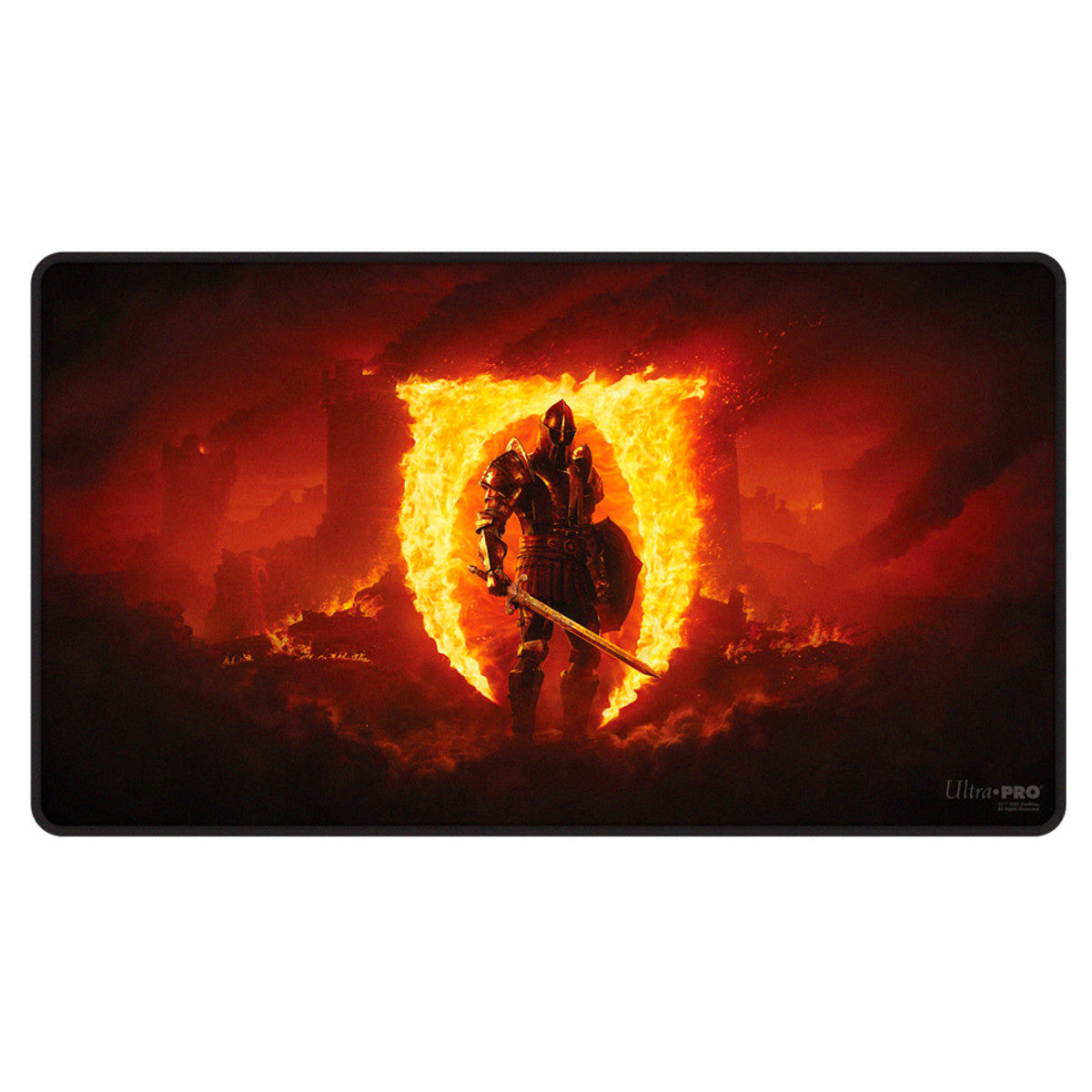 Gaming mouse pad featuring a dark knight standing in front of a ring of fire with a sword and shield, set against a hellish, red and black background