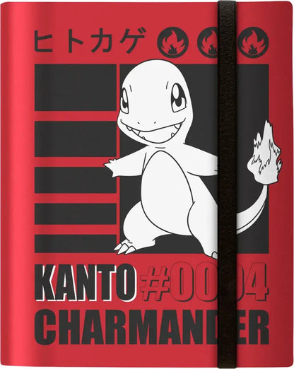 Red notebook featuring a white outline smiling Charmander, Kanto, Japanese text, fire icons, and a black elastic band