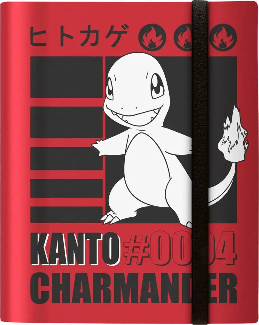 Red notebook featuring a white outline smiling Charmander, Kanto, Japanese text, fire icons, and a black elastic band