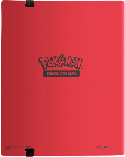 A red Pokemon Trading Card Game binder with a black elastic closure