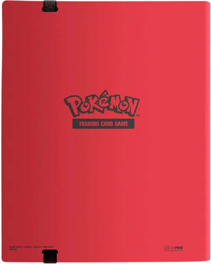 A red Pokemon Trading Card Game binder with a black elastic closure