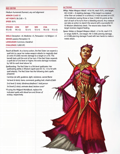 A dark fantasy page featuring a Red Sister illustration in red robes holding a bloody dagger, alongside her Dungeons & Dragons 5th Edition stat block