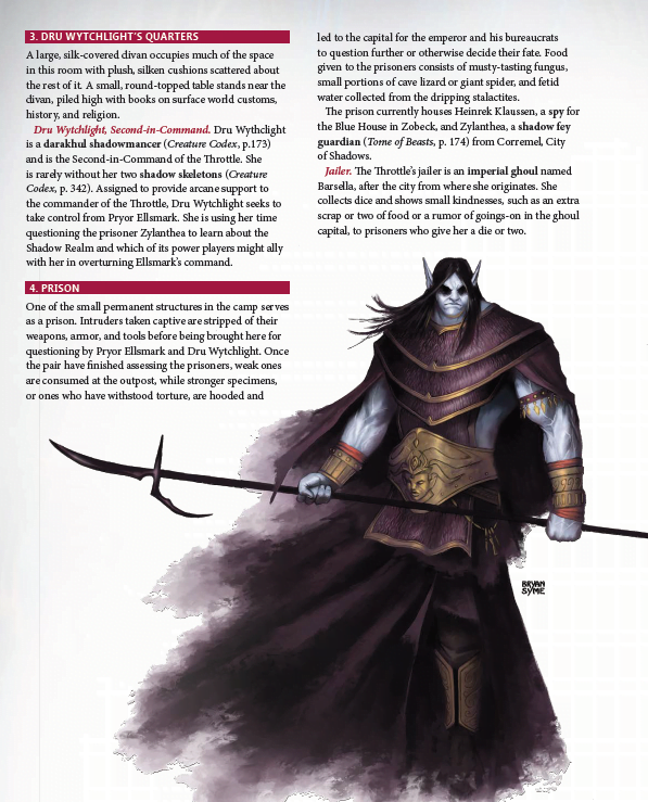 A page from Kobold Press Underworld Lairs for 5th Edition Book with descriptive text and a large illustration of a pale elf-like figure in dark robes emerging from shadow holding a spear