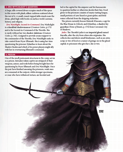 A page from Kobold Press Underworld Lairs for 5th Edition Book with descriptive text and a large illustration of a pale elf-like figure in dark robes emerging from shadow holding a spear