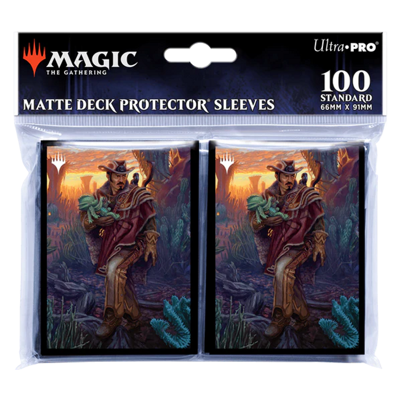 Ultra Pro MTG Deck Sleeves featuring artwork of a man in a cowboy hat holding a green creature against a sunset background