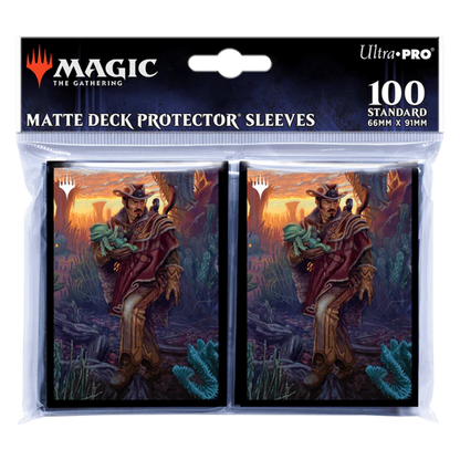 Ultra Pro MTG Deck Sleeves featuring artwork of a man in a cowboy hat holding a green creature against a sunset background