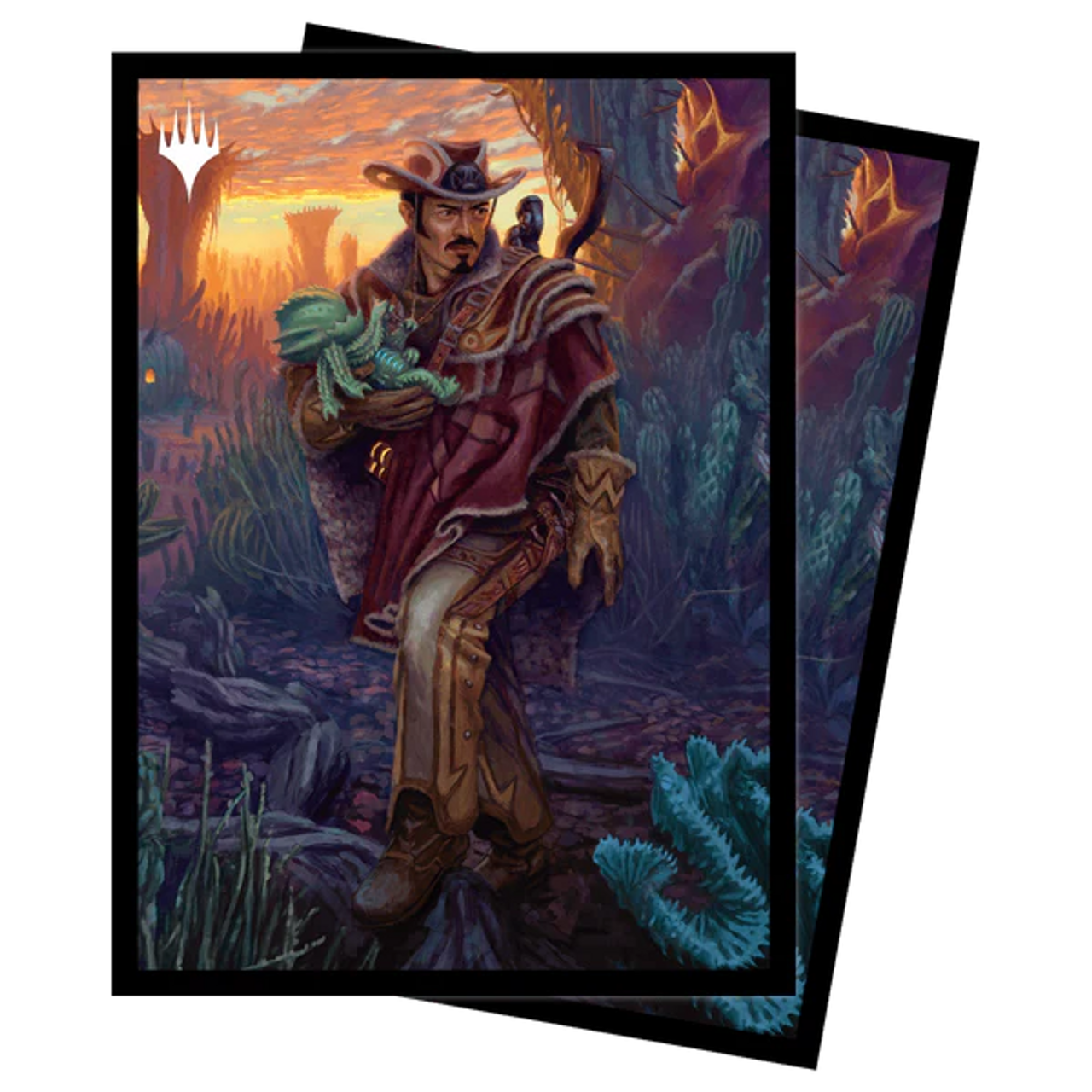 Cowboy-style ranger in a poncho holding a green reptilian creature amidst a desert landscape at sunset