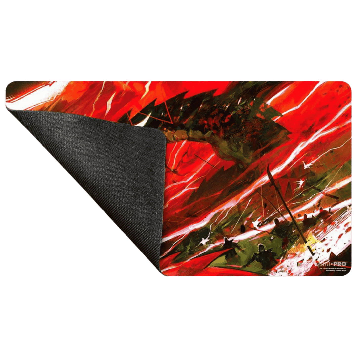 Game mat featuring abstract, red fantasy battle artwork, with the corner lifted to reveal the black rubber backing
