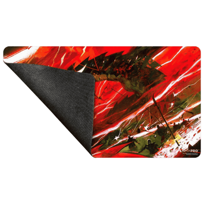 Game mat featuring abstract, red fantasy battle artwork, with the corner lifted to reveal the black rubber backing