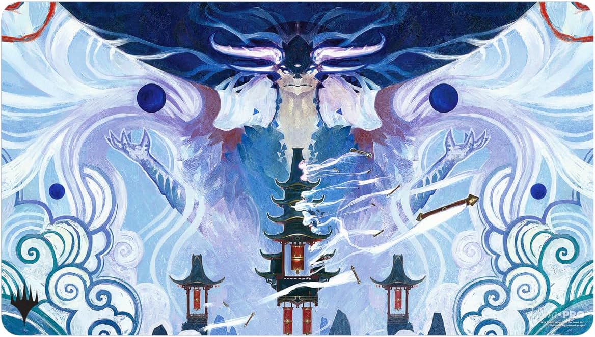 Playmat featuring a massive, horned blue spirit above a dark pagoda, surrounded by swirling energy and flying swords