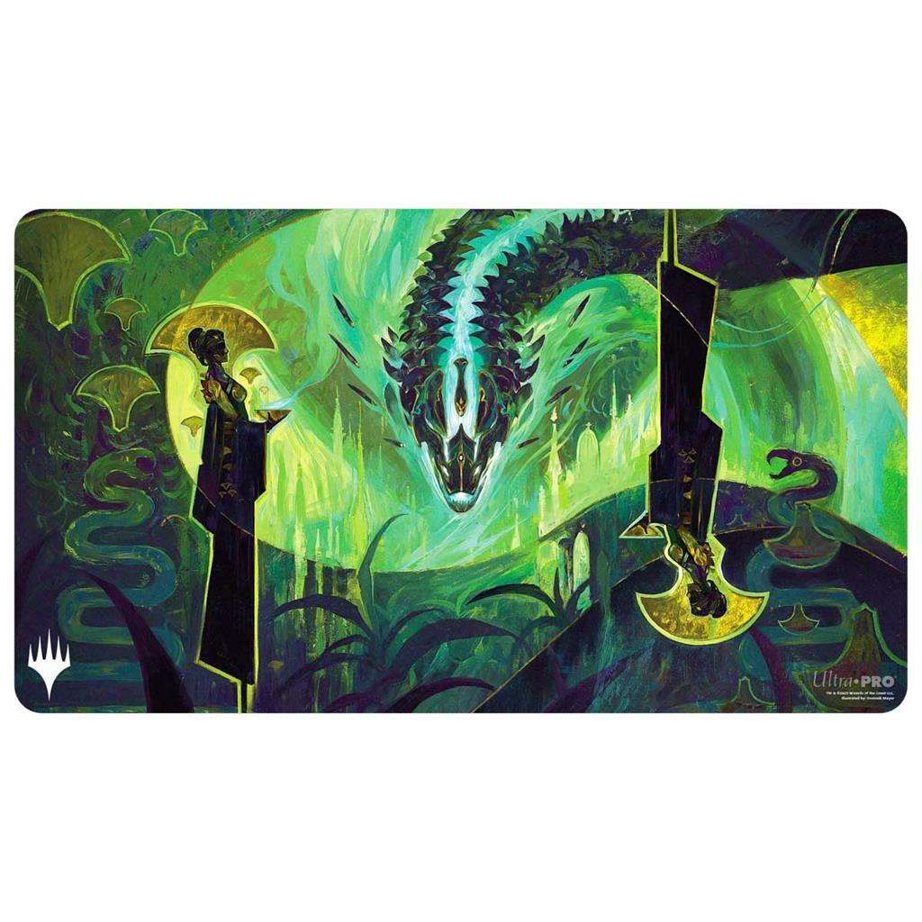 Fantasy playmat with vibrant cosmic art: a celestial creature, spirit animals, and swirling green energy. Black rubber backing shown