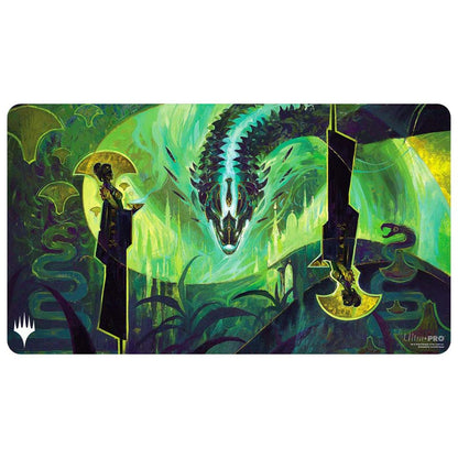 Fantasy playmat with vibrant cosmic art: a celestial creature, spirit animals, and swirling green energy. Black rubber backing shown