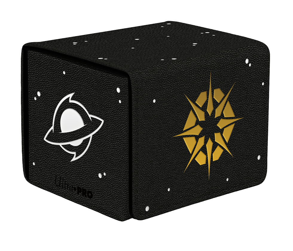Black deck box with white planet and gold starburst logos on a textured black surface