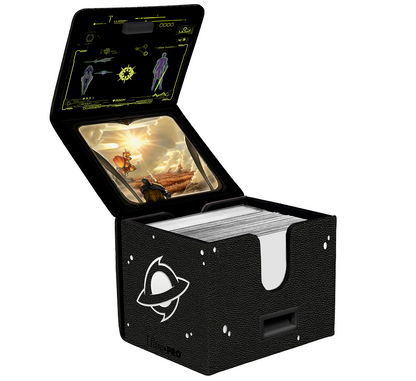 Open black card deck box full of cards. The lid displays vivid fantasy artwork and a futuristic yellow UI screen