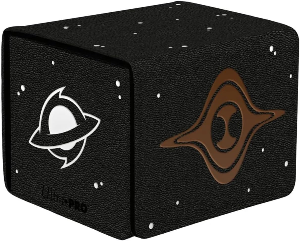 Black textured deck box with star pattern, featuring a white planet logo and a brown black hole/lensing logo