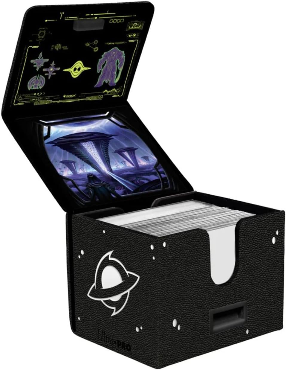 Black, textured trading card deck box holding cards, featuring glowing sci-fi/alien interior lid artwork