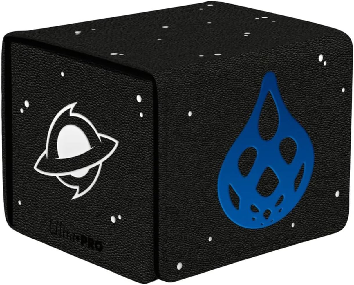 Black textured storage cube displaying a white stylized planet symbol and a blue abstract flame design.