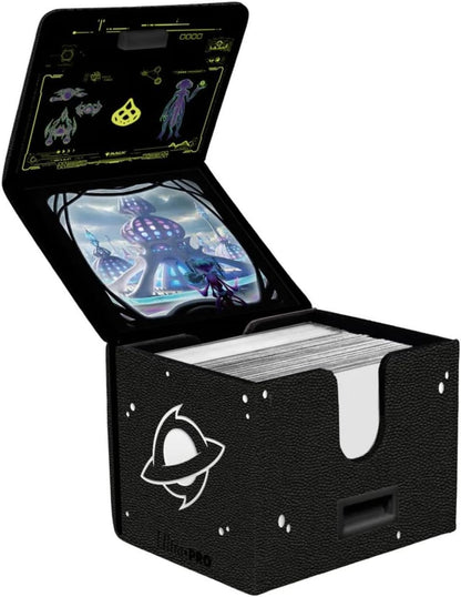 Open black Ultra Pro deck box filled with cards, featuring cosmic city artwork and sci-fi schematics on the inner lid