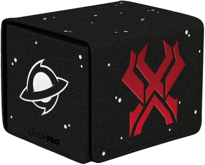 Black gaming cube with white planet logo and red geometric symbol on a speckled, space-themed background