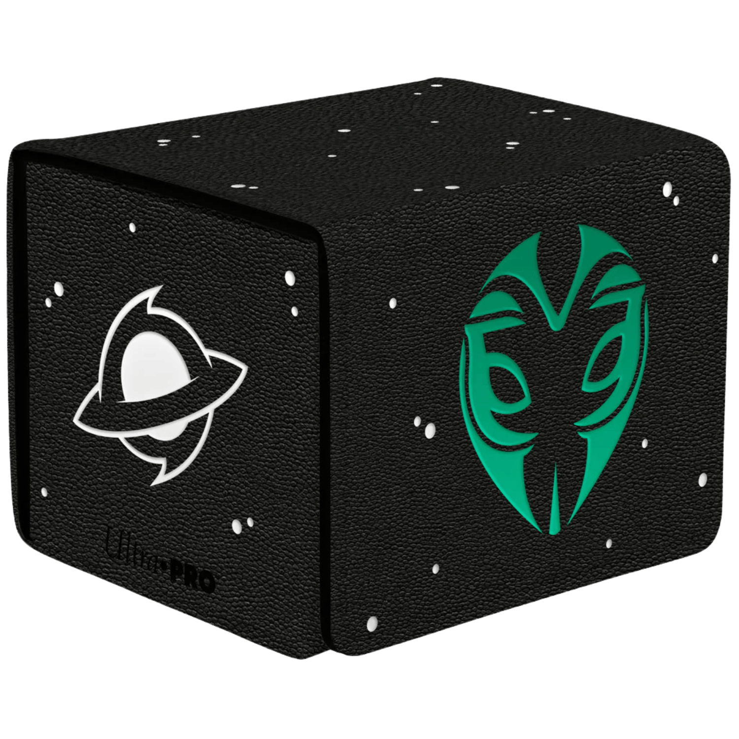 Textured black deck box with a white planet logo and a large green tribal mask symbol, speckled with white dots