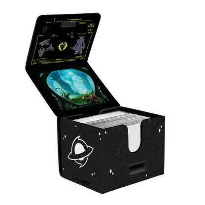 Open, textured black card deck box holding cards. The open lid displays vibrant sci-fi/fantasy artwork