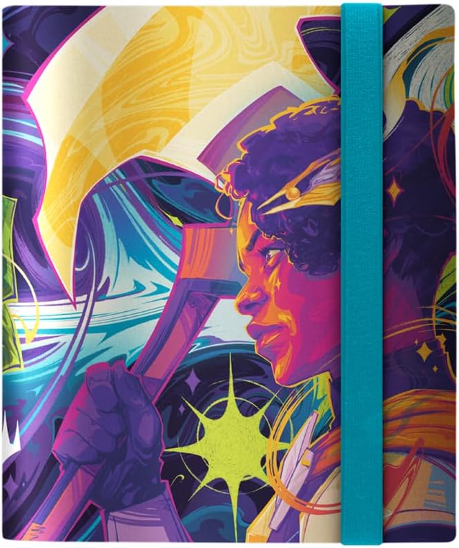 Pop art illustration of a woman in profile holding an axe. Vibrant purple/yellow background. Turquoise closure band