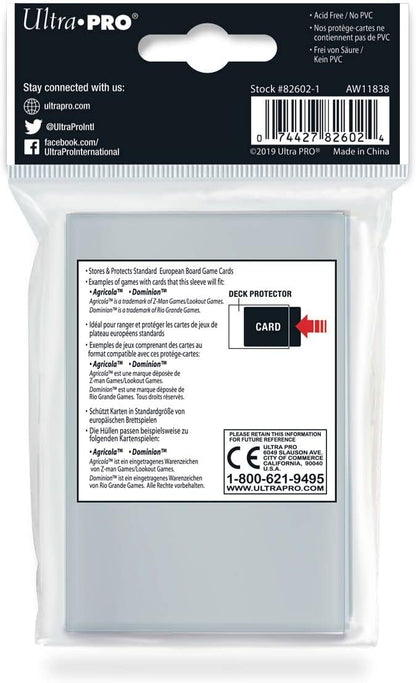Ultra PRO deck protectors in clear retail packaging, showing multiple card sleeves for European board games like Agricola