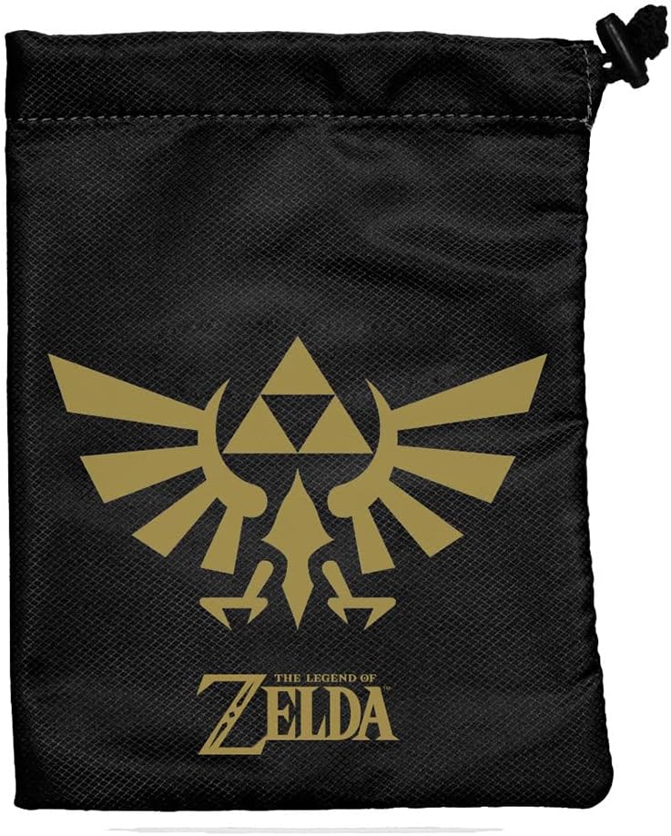 Black drawstring pouch featuring the gold Hylian Crest and The Legend of Zelda logo