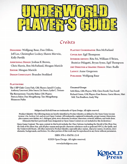 A credit page for the Underworld Player's Guide displaying contributor roles, legal text, ISBN, and copyright information