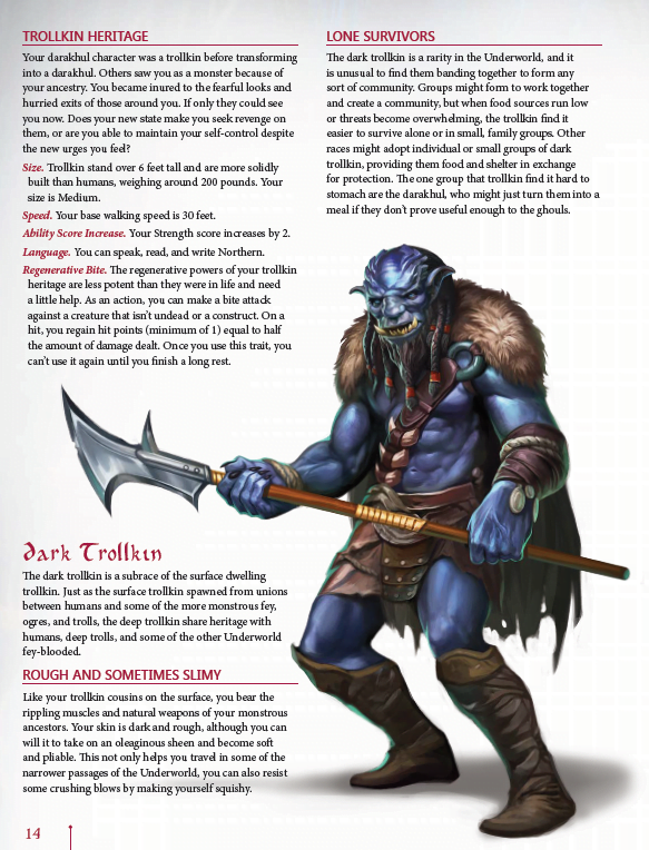 A page from the Kobold Press Underworld Player's Guide for 5th Edition Sourcebook showing a blue-skinned trollkin warrior with a polearm amidst descriptive text sections