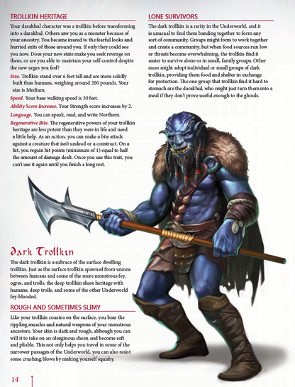A page from the Kobold Press Underworld Player's Guide for 5th Edition Sourcebook showing a blue-skinned trollkin warrior with a polearm amidst descriptive text sections
