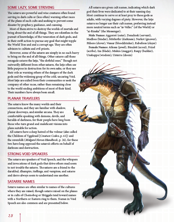 A page from the Kobold Press Underworld Player's Guide for 5th Edition Sourcebook shows text on the left and a reptilian humanoid creature in armor with a dagger on the right