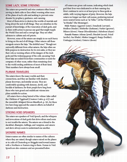 A page from the Kobold Press Underworld Player's Guide for 5th Edition Sourcebook shows text on the left and a reptilian humanoid creature in armor with a dagger on the right