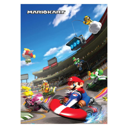 Mario leads a high-speed Mario Kart race with Peach, Luigi, and Yoshi on a vibrant track. Lakitu is overhead