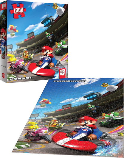 Mario Kart 1000-piece puzzle box and an assembled puzzle showing Mario racing his red kart with other characters