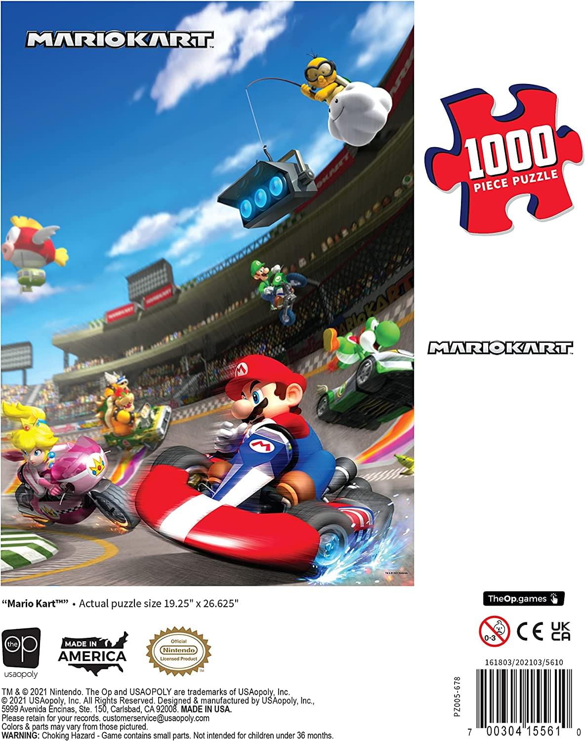 Mario Kart 1000-piece puzzle box rear view with Peach & other characters on a track. Mario Kart 1000-piece puzzle