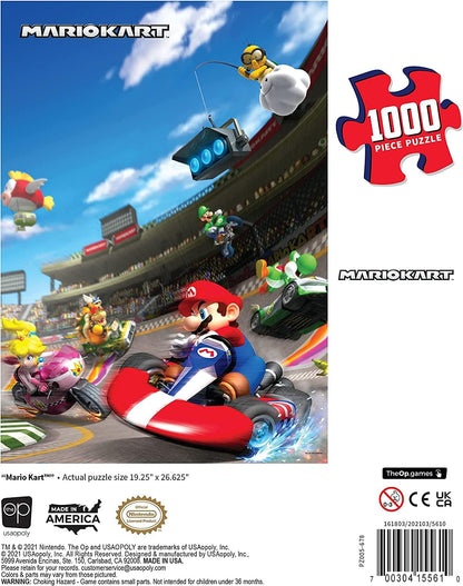 Mario Kart 1000-piece puzzle box rear view with Peach & other characters on a track. Mario Kart 1000-piece puzzle