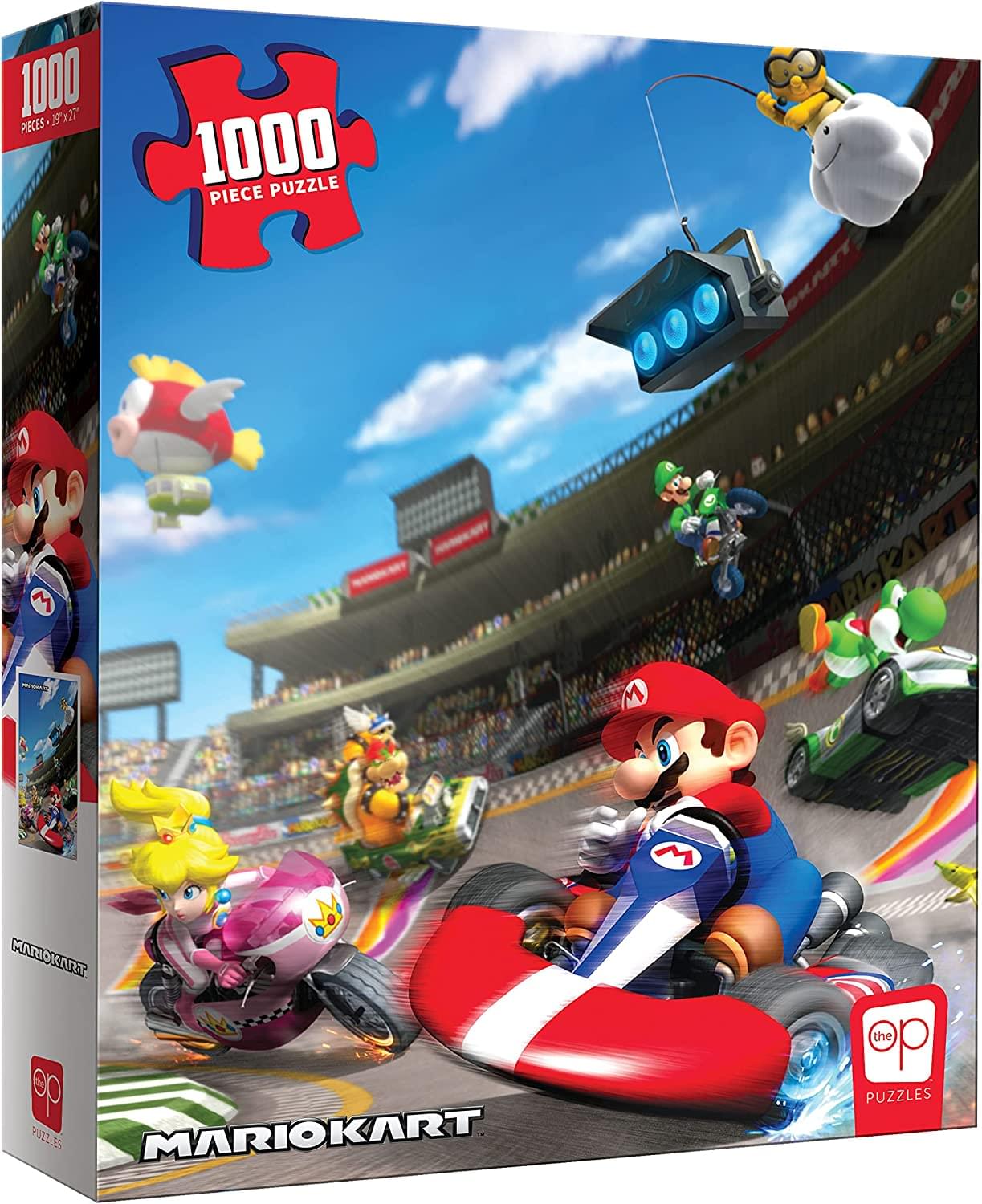 Mario Kart 1000-piece puzzle box shows Mario, Peach, Bowser, and other characters racing karts